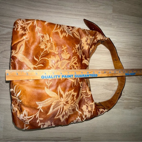Donald J. Pliner Leather Embroidered Floral Patterned Hobo Bag in Brown Orange - Picture 4 of 16